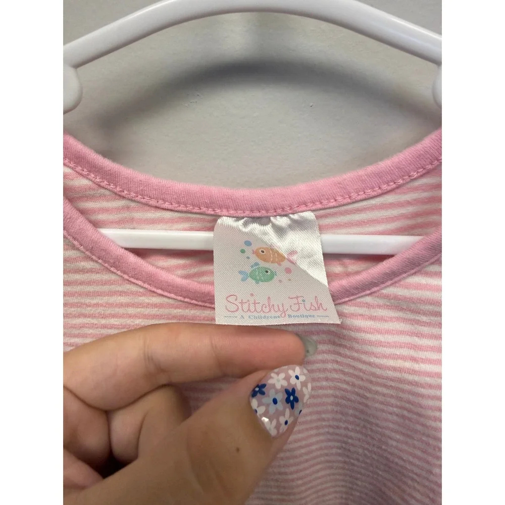 Stitchy Fish Girls Pink White Striped Heart Applique Ruffle Sleeve Dress Size 5